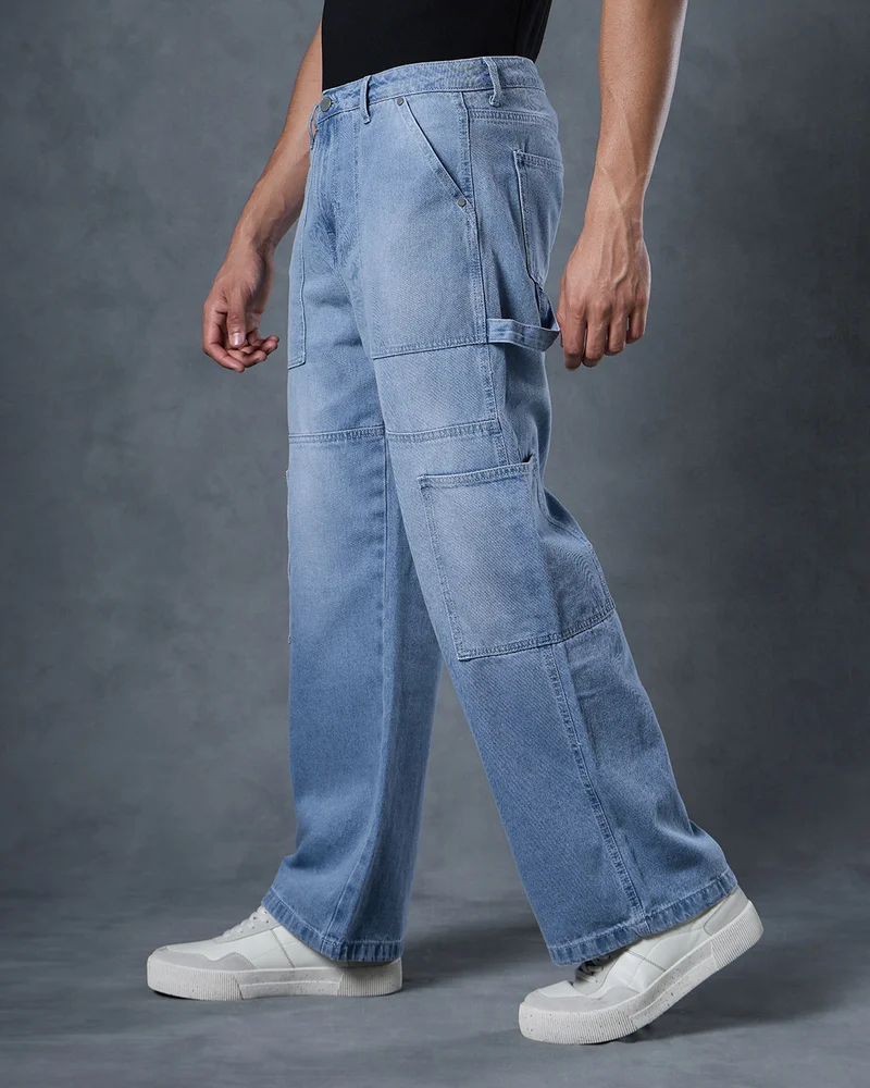 bewakoof Men's Blue Washed Baggy Fit Cargo Carpenter Mid-Rise Jeans